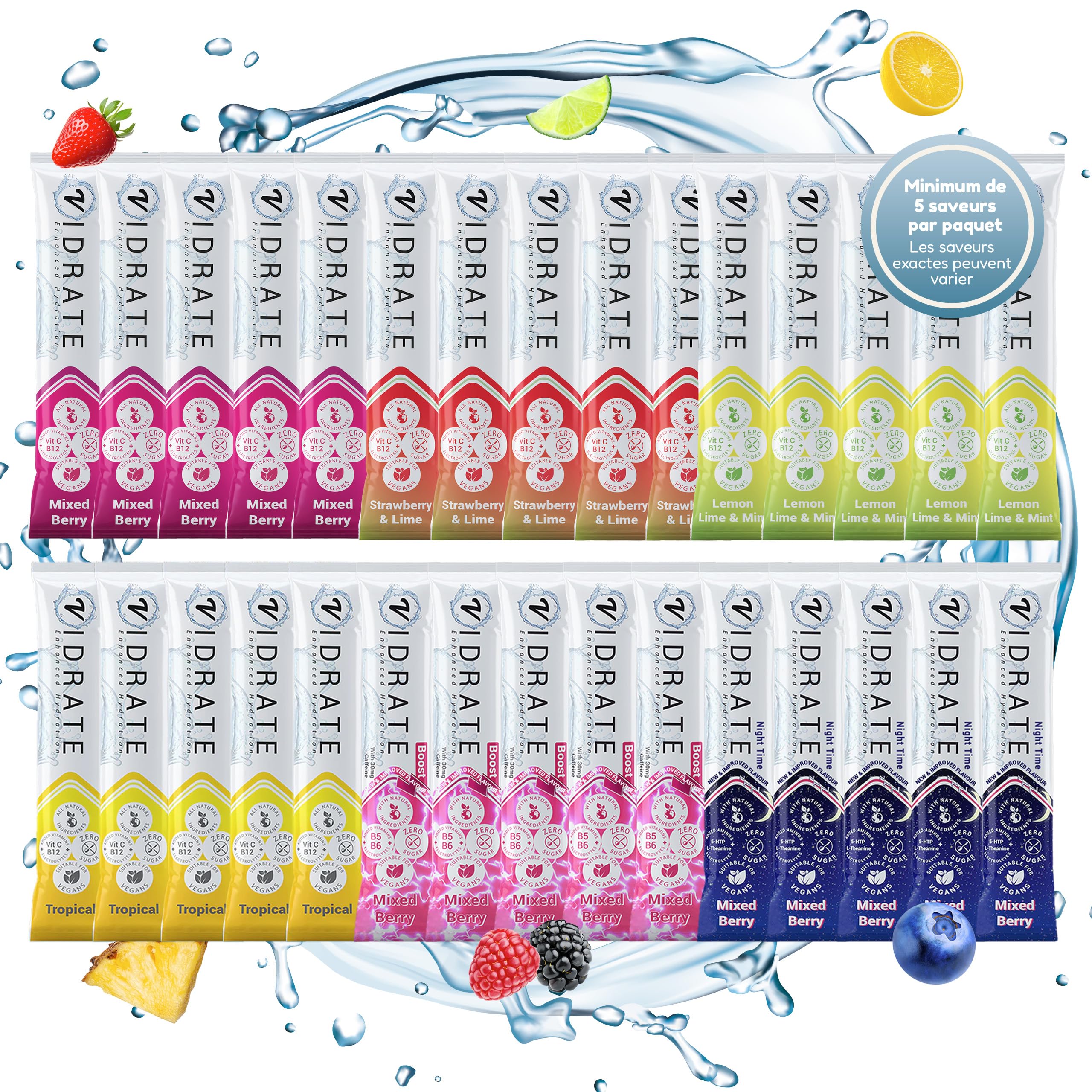 ViDrate 30 Variety Electrolyte en poudre - Électrolyte Hydratation sans sucre Boisson électrolyte pour adultes et enfants - Riche en vitamines, minéraux et compléments