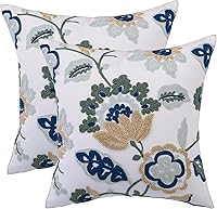 LUOYEHK Embroidered Floral Throw Pillow Covers 18x18 Inch Pack of 2 - Farmhouse Blue Dragon Flower Cushion Cases for Sofa Bed Couch