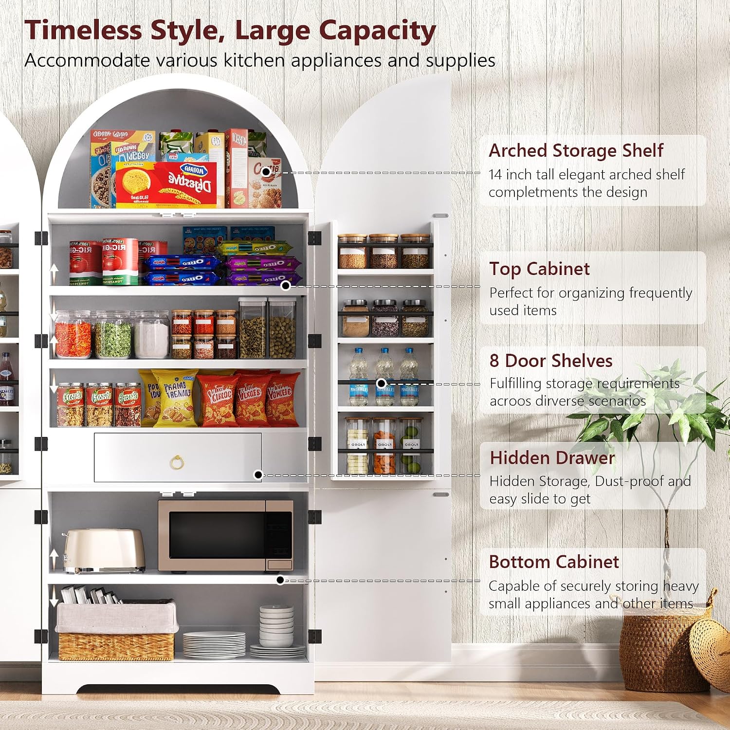 Merax 72" Tall Arched Cabinet Kitchen Pantry with 4 Doors, Fluted Storage Cabinets with 3 Adjustable Shelves & 1 Hidden Drawer & 8 Door Shelves, Versatile Cupboard for Kitchen, Dining Room, White