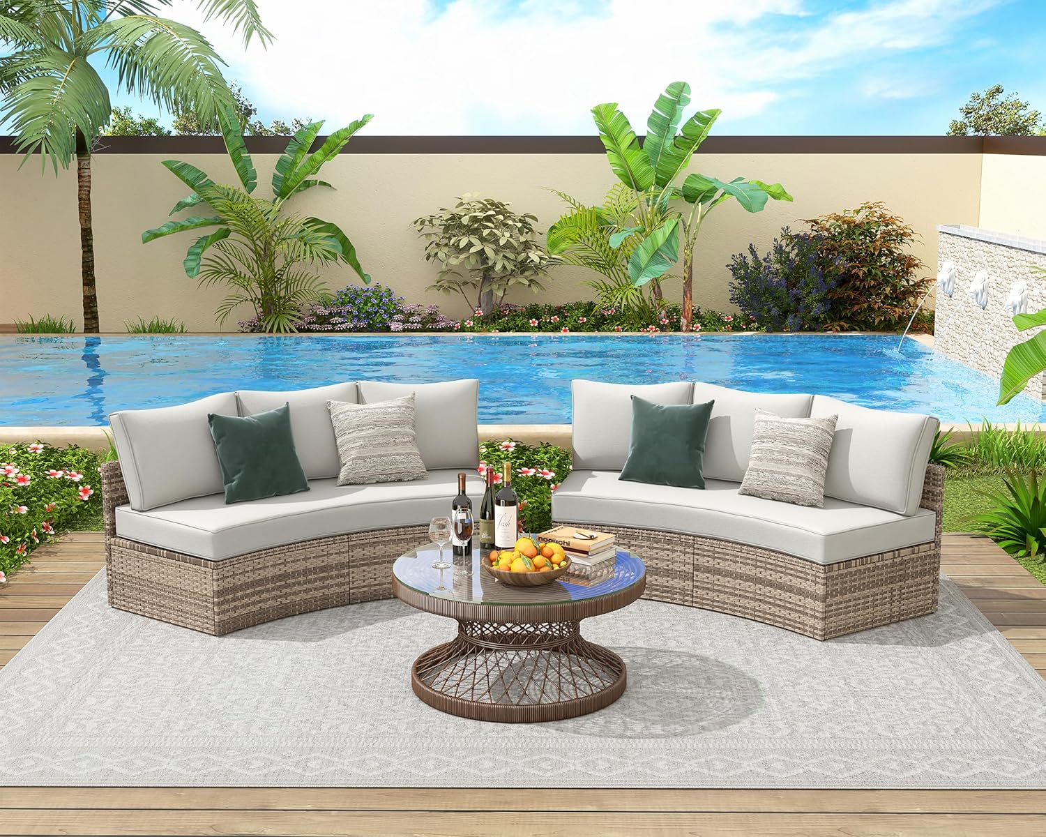 PaPaJet 6-Piece Patio Furniture Set, Half-Moon Wicker Sectional Sofa with Cushions, Waterproof Rattan Outdoor Conversation Set for Beach, Pool, Garden & Balcony, Beige