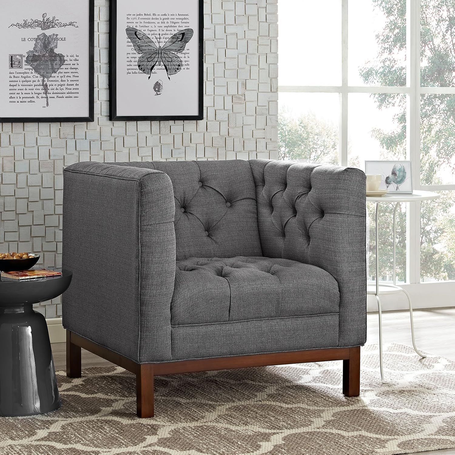 Modway Panache Upholstered Fabric Modern Tufted Accent Arm Lounge Chair in Gray
