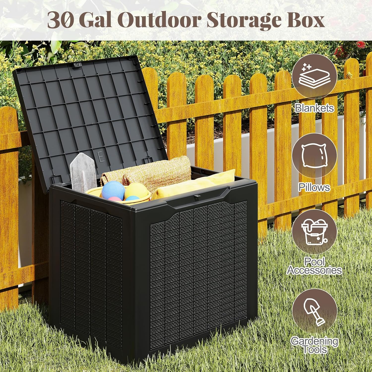 Tangkula 30 Gallon Outdoor Storage Box, Resin Outdoor Storage Bench with Lockable Lid, Waterproof Deck Box for Garden Tools, Pool Accessories, Cushions