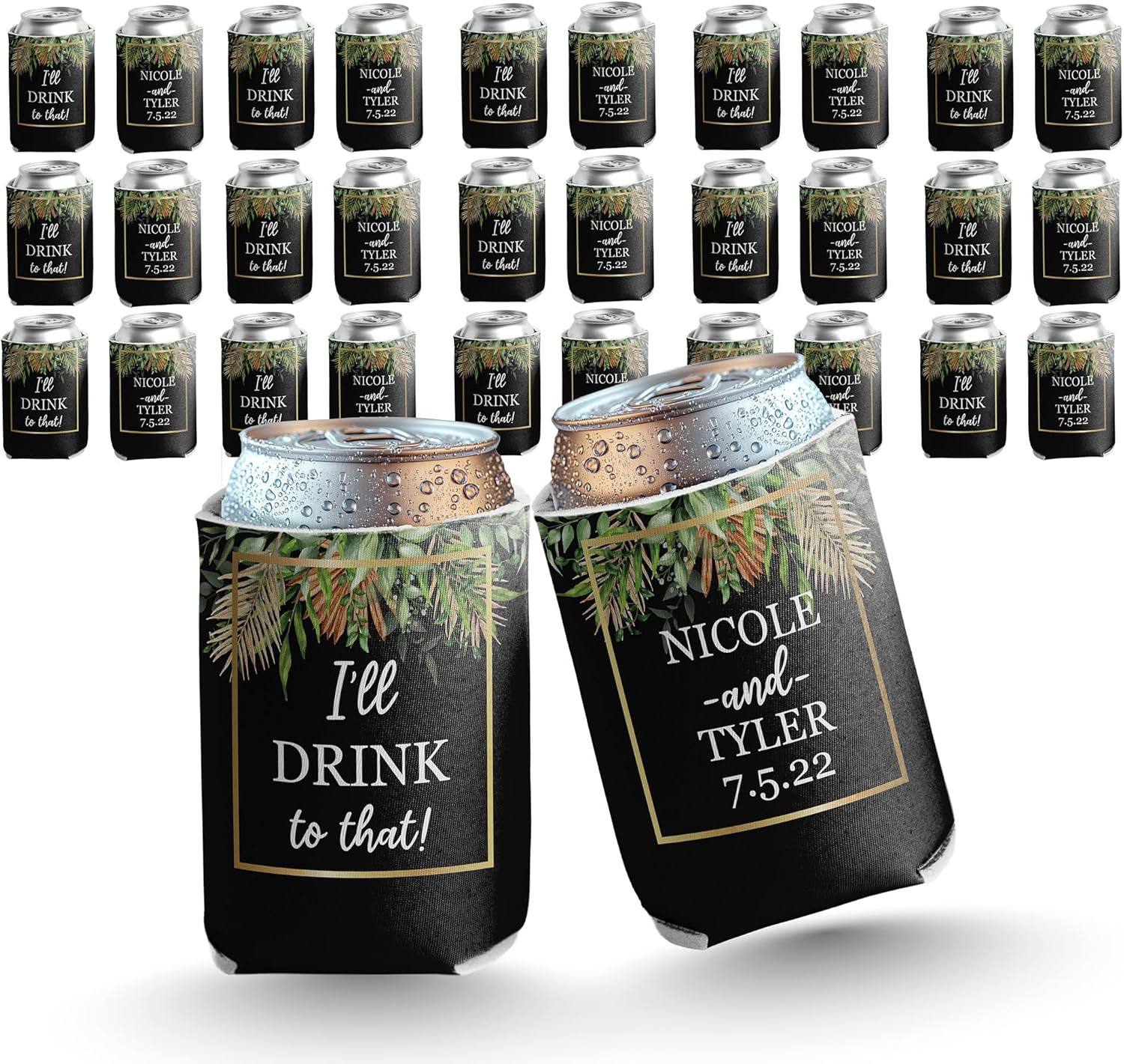 VictoryStore Custom Wedding Can Coolers – “I’ll Drink to That” Black Boho Design – Personalized Set of 12 Can Sleeves – Fits 12–16 oz Bottles & Cans – Standard Size Drink Coolers – Printed in USA