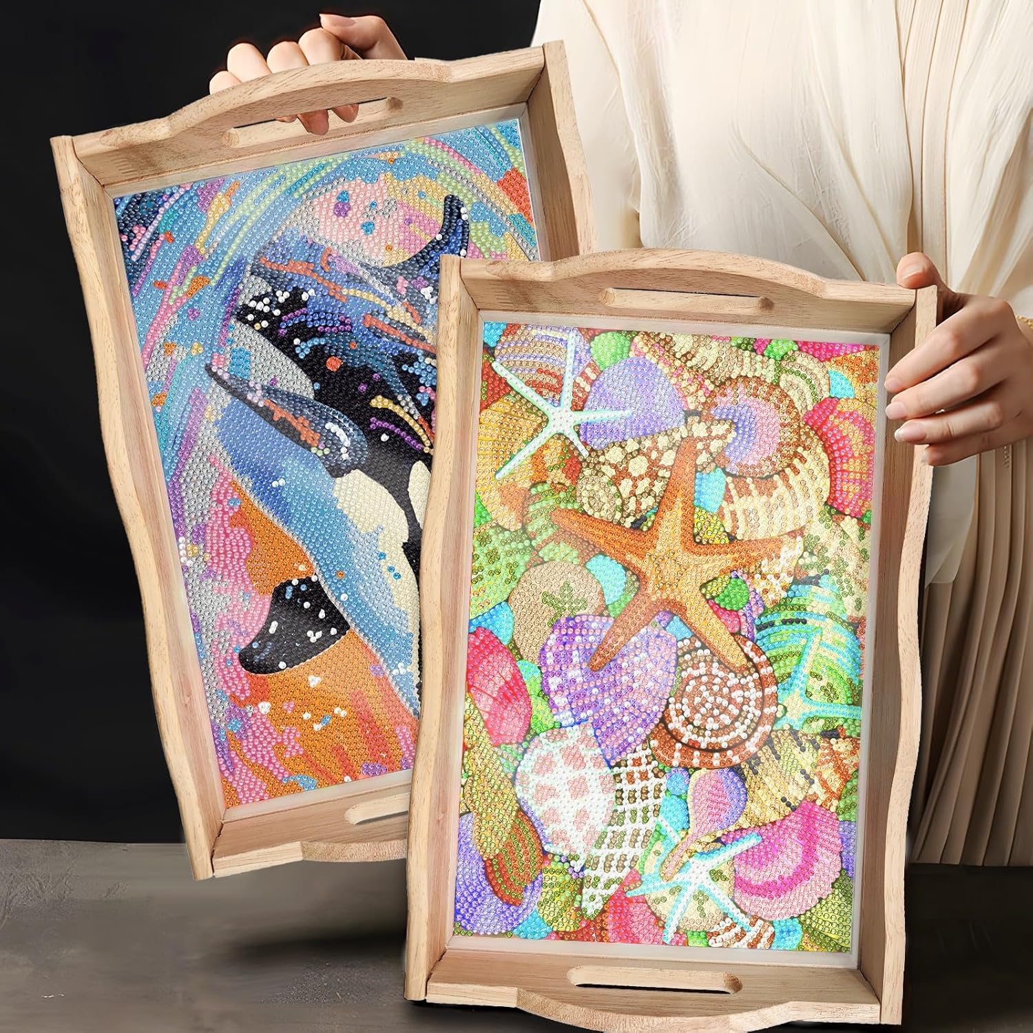 ARTopet DIY Diamond Tray Diamond Art Painting Creative Design Handmade Wooden Tray Dinner Plate Diamond Art for Coffee Living Room Home Organizer-Shell