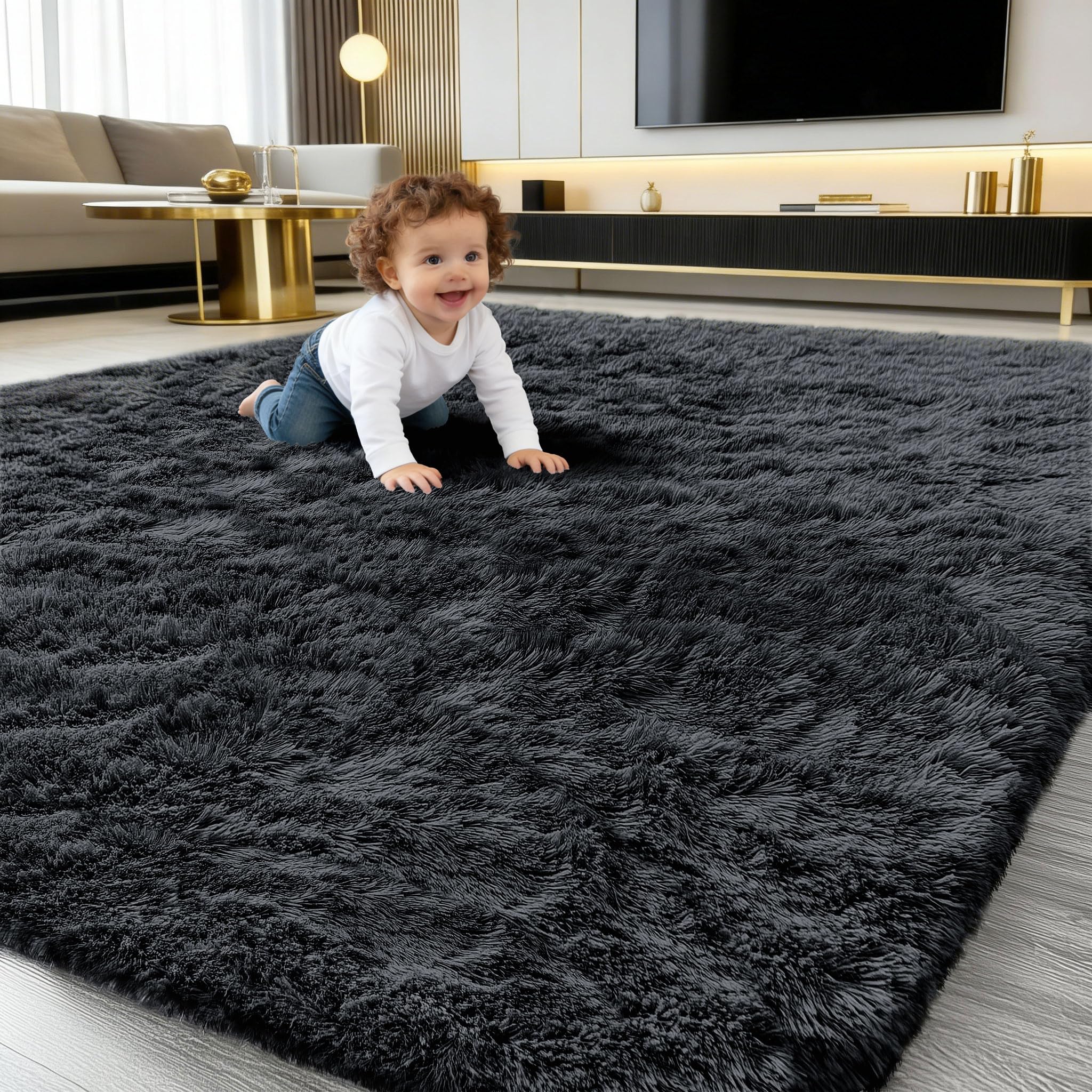 smiry Fluffy High Pile Rugs Living Room, Large Anti Slip Shaggy Soft Carpet, Machine Washable Modern Thick Area Rugs for Bedside, Kids Bedroom - Black, 240 x 340 cm — image 1