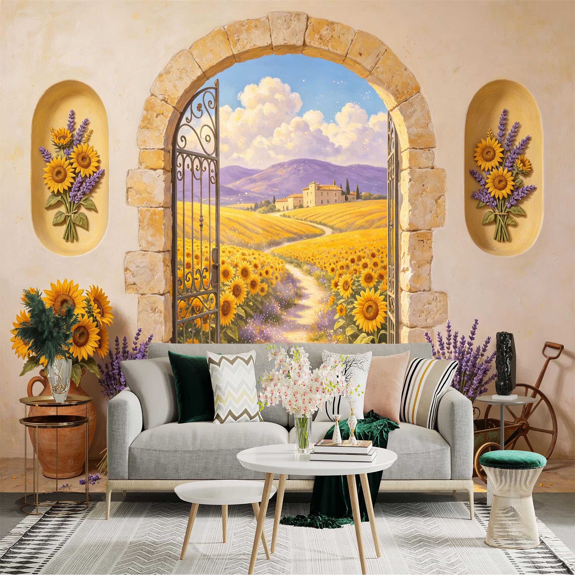 Custom Size Wall Sticker Mural， Rustic Sunflower Field， Stone Archway， Lavender Path， Countryside Landscape， for wall Decoration， peelandstick wall Decals.