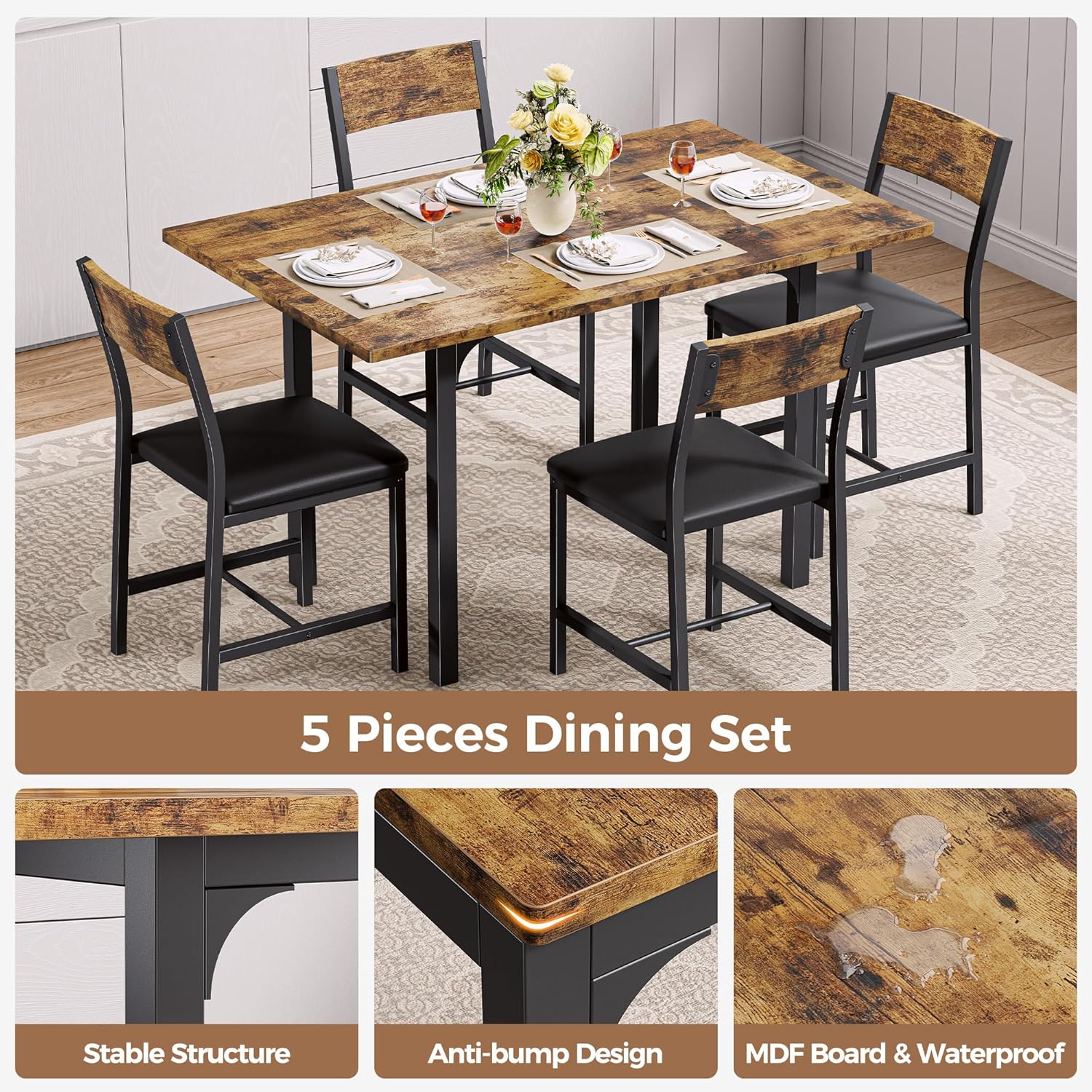 IRONCK 5-Piece Dining Table Set for 4, Extendable Kitchen Table Chairs Set of 4, Dining Room Table with 4 Upholstered Chairs, Folding for Small Space, Apartment, Rustic Brown