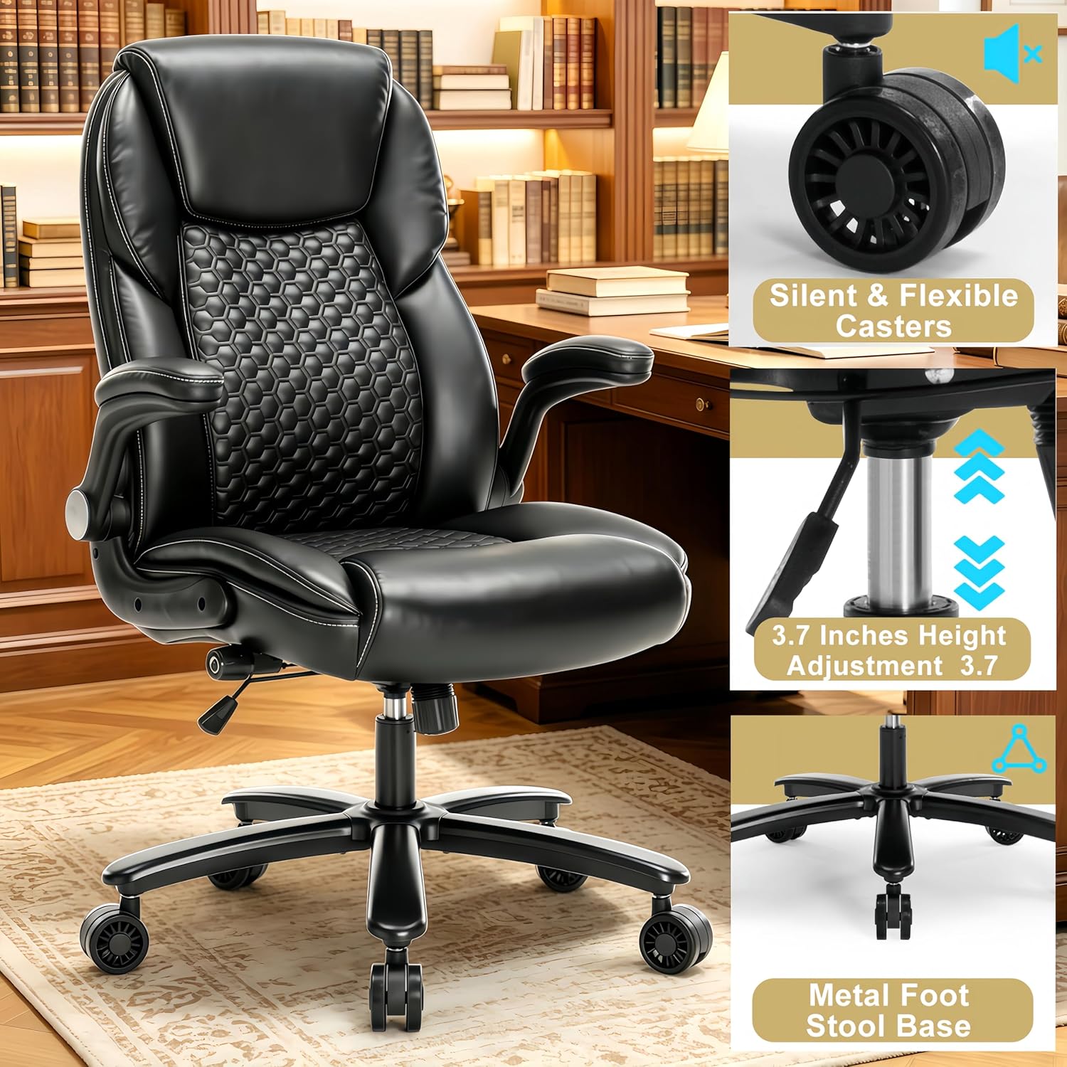 Big and Tall Ergonomic Office Chair, Executive Office Chair with Flip-up Arms, PU Leather Computer Desk Chair, Adjustable Lumbar Support Heavy Duty Space Saving Task Chair