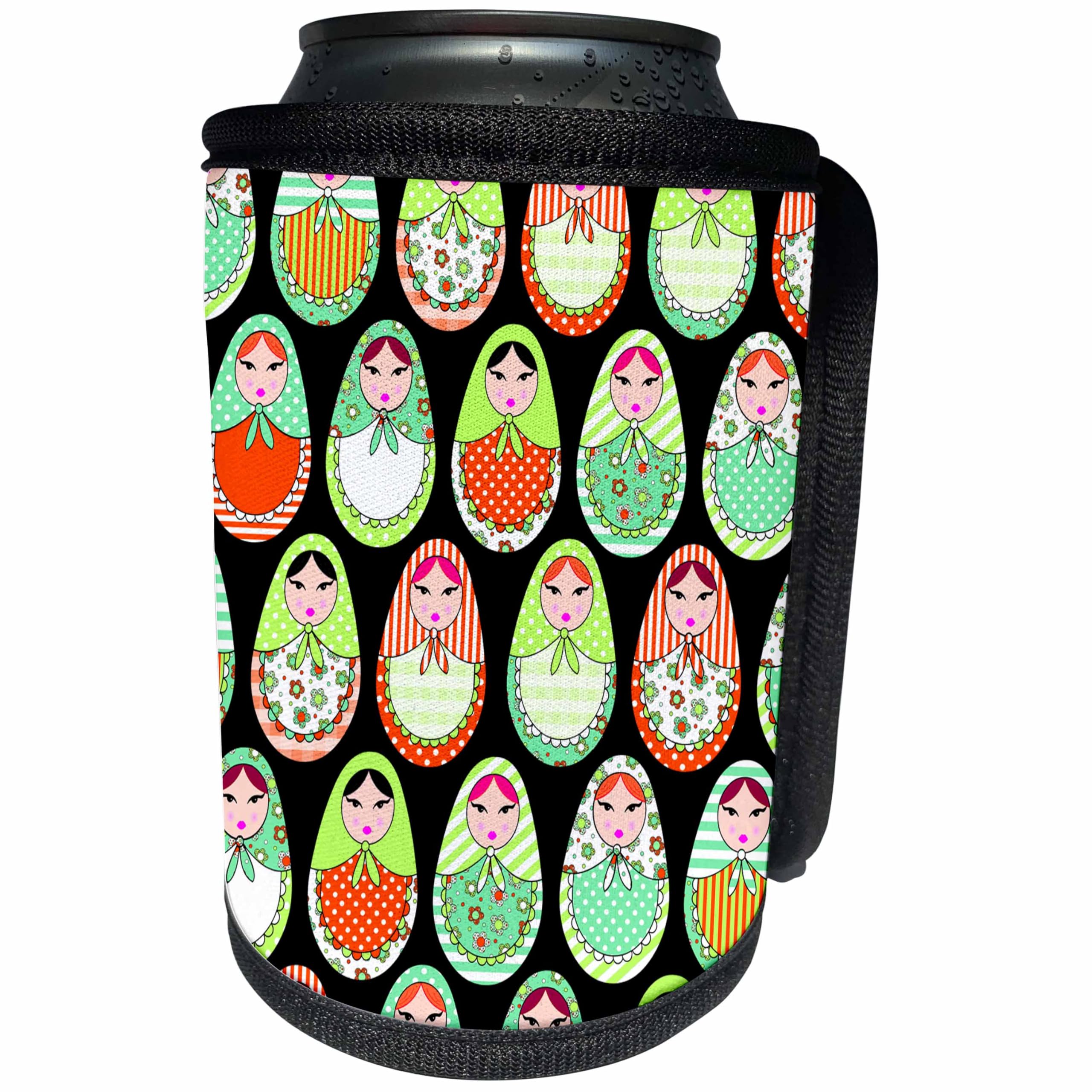 Can Cooler Bottle Wrap - Cute Russian Matryoshka Nesting Dolls Print - Warm Colors Black Designs Dolls