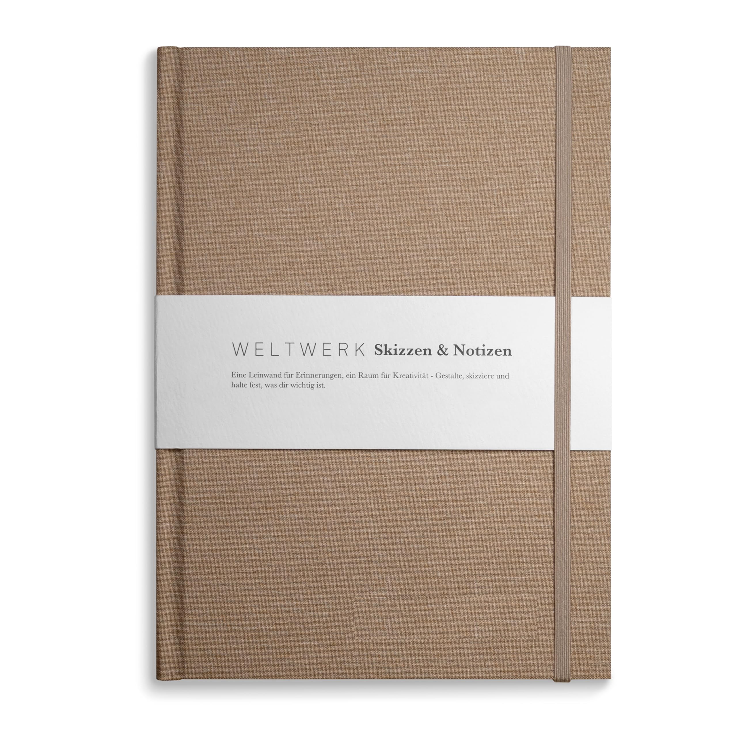 WELTWERK Blanko Notizbuch & Skizzenbuch mit 120 g/m² Papier - 160 Seiten mit Gewebeeinband - Notizheft, Tagebuch, Skizzenheft (Sandbeige)