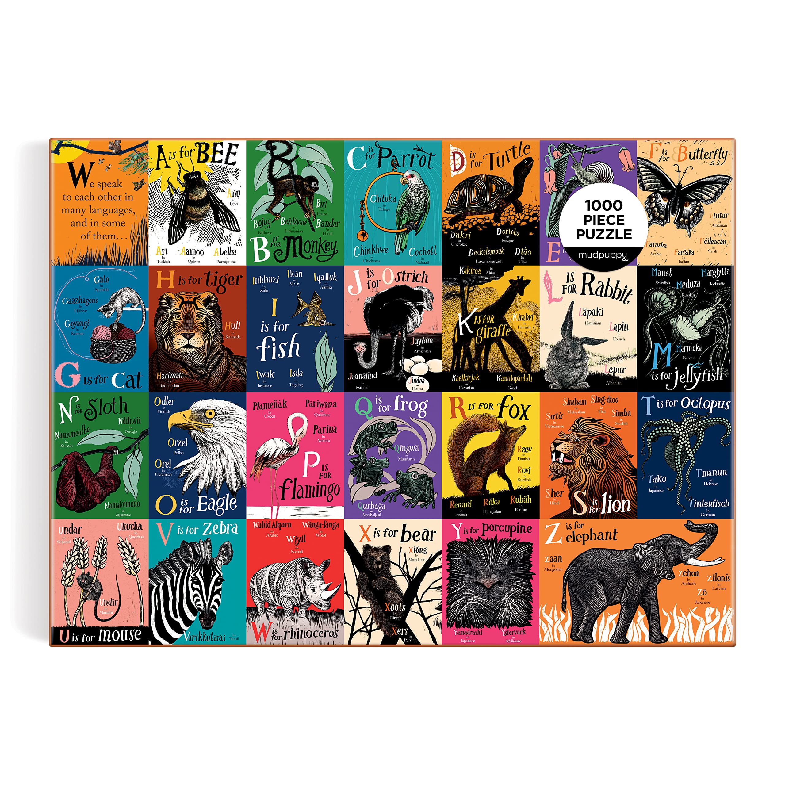 Mudpuppy A is for Bee: an Alphabet in Translation - 1000 Piece Family Puzzle with Unique and Colorful Illustrations of Animals in Different Languages for Children Ages 8 and Up - Image 7