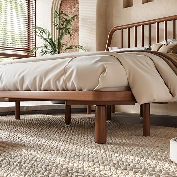 Bellemave Queen Size Bamboo Bed Frame with Slatted Slanted Headboard,Brown