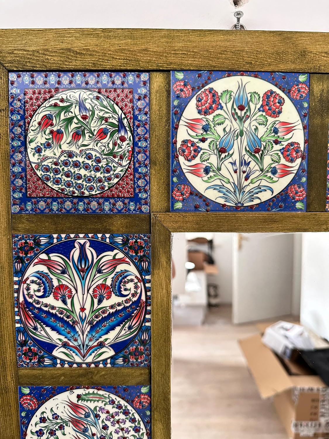 Ethnic Wall Hanging Tiled Wood Mirror, Rustic Console Mirror, Framed Decorative Floral Tile, Floor Mirror, Phosphorescent in the dim light