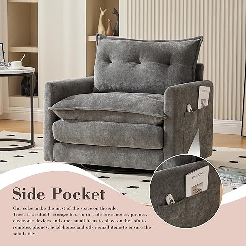 Miniatura 15 de Silla giratoria de chenilla de gran tamaño de 36 pulgadas de ancho para sala de estar y dormitorio, moderna silla tapizada para ocio y lectura Negro