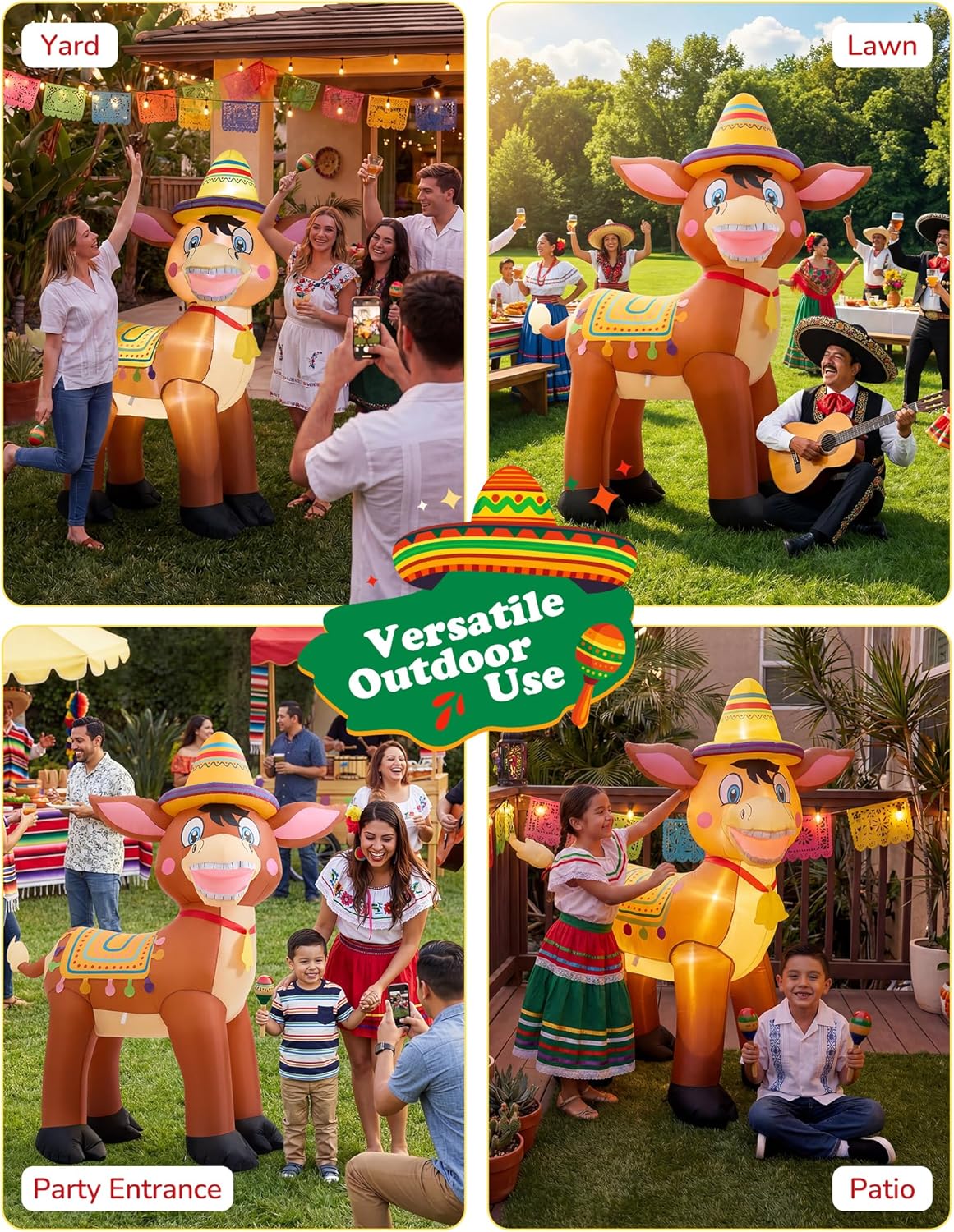 6.2FT Cinco de Mayo Inflatable Donkey Wearing Taco Sombrero, Lighted Mexican Burro Blow Up Outdoor Decoration with LED Lights for Yard, Lawn, Patio & Fiesta Party