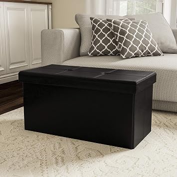 Storage Ottoman - 30-Inch Folding Faux Leather Footrest, Linen Chest, or Bench with Removable Bin for Living Room or Bedroom by Lavish Home Black