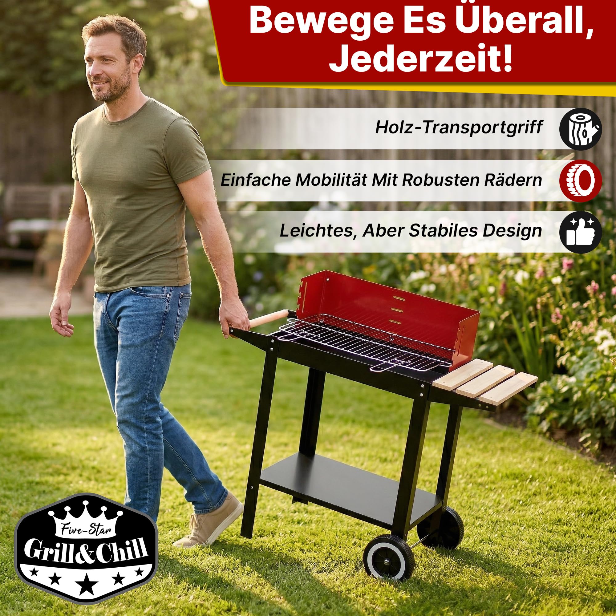Five-Star Grill&Chill Holzkohlegrill – Verchromter Doppelrost 50 × 26,5 cm, 4-fach höhenverstellbar – Mobil mit Rädern & Holzablage – Für Garten, Balkon & Camping – Emaillierte Feuerschale