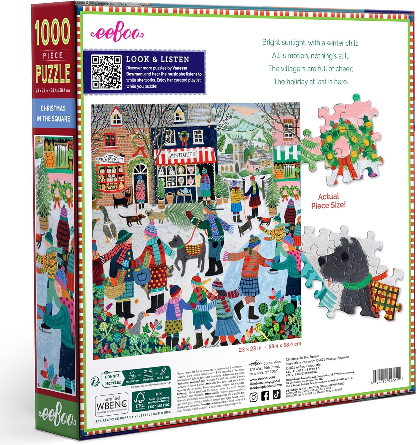 eeBoo 1000 Piece Puzzle - Christmas in The Square Jigsaw Puzzle for Adults, Square 23" x 23" Made with Recycled Board & Vegetable-Based Ink