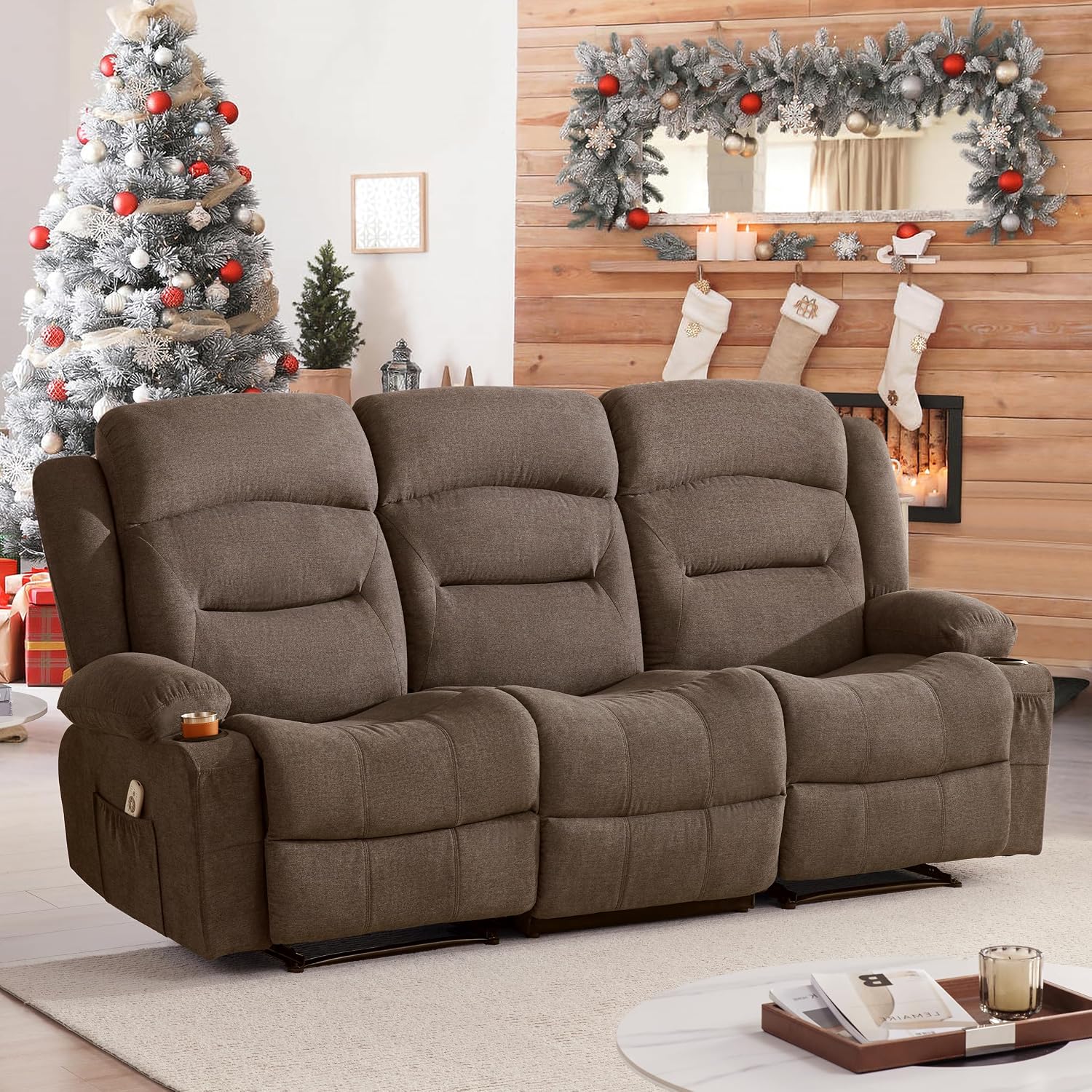 Oversized 3-Seater Recliner Sofa Massage Heat Cup Holders USB Brown Fabric