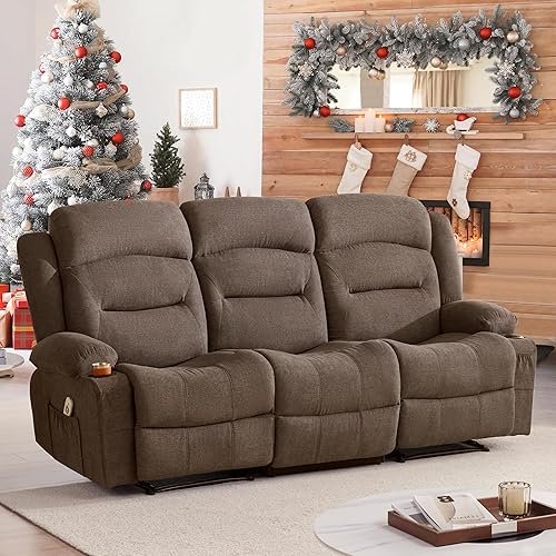 Oversized Recliner Sofa with Massage and Heat, Large Big 3-Seater RV Recliner Couch Sofa for Living Room, Wall-Hugger Reclining Sofa with Cup Holders and USB Port (Fabric, Brown)