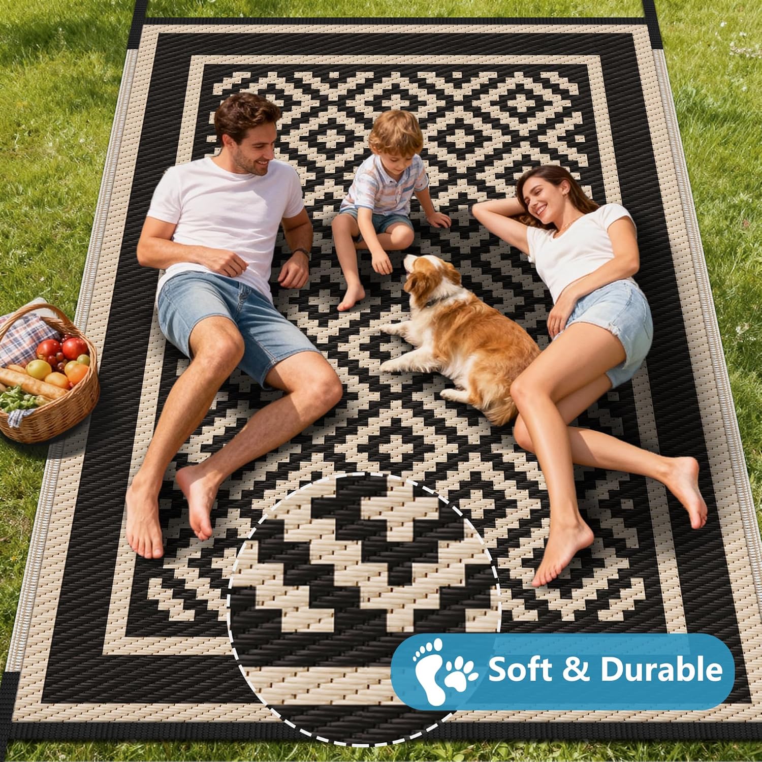 Kohree RV Outdoor Rug 9x12 Reversible, Waterproof Patio Mat with 4 Stakes & UV Fade Resistant, Non-Slip Outdoor Camping Mat for Deck, Picnic, Backyard, Includes Carry Bag (Black & Brown)