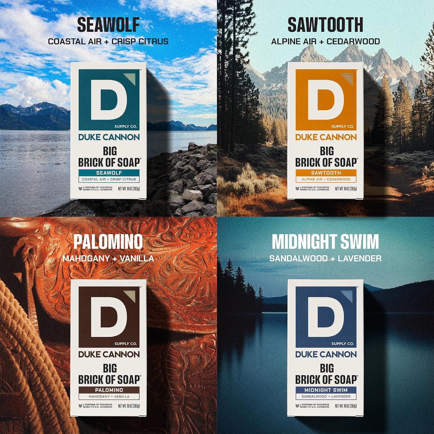 Duke Cannon Big Brick of Soap Variety Pack – Midnight Swim, Sawtooth, Palomino & Seawolf, Large 10 oz Triple Milled Men’s Bar Soap Set, Long-Lasting Body Soap Bundle