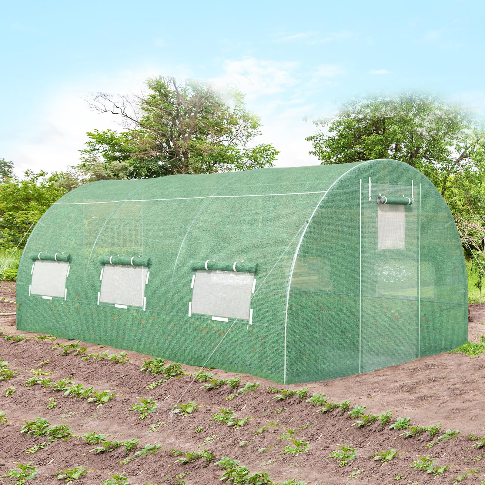 GOPLUS Invernadero de Jardín (4 x 3 x 2 m), Acero Galvanizado con 8 Ventanas Laterales y 2 Puertas, Jardín Bajo Invernadero para Granja, Patio Trasero y Jardín