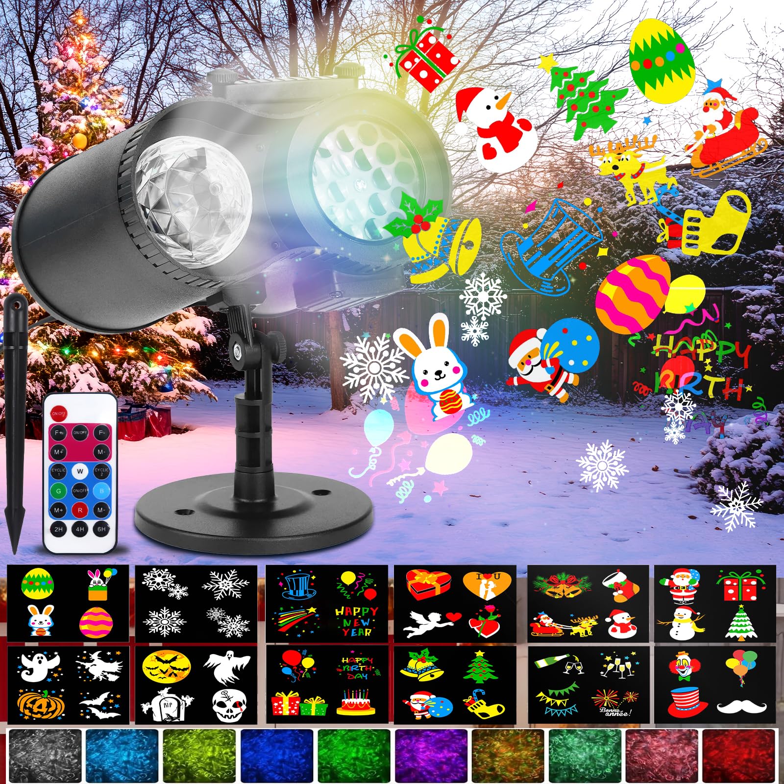 Proiettore Luci Natalizie Esterno 12 Diapositive HD – 10 Effetti Onda, IP44, Con Telecomando E Timer, Per Halloween Natale Pasqua