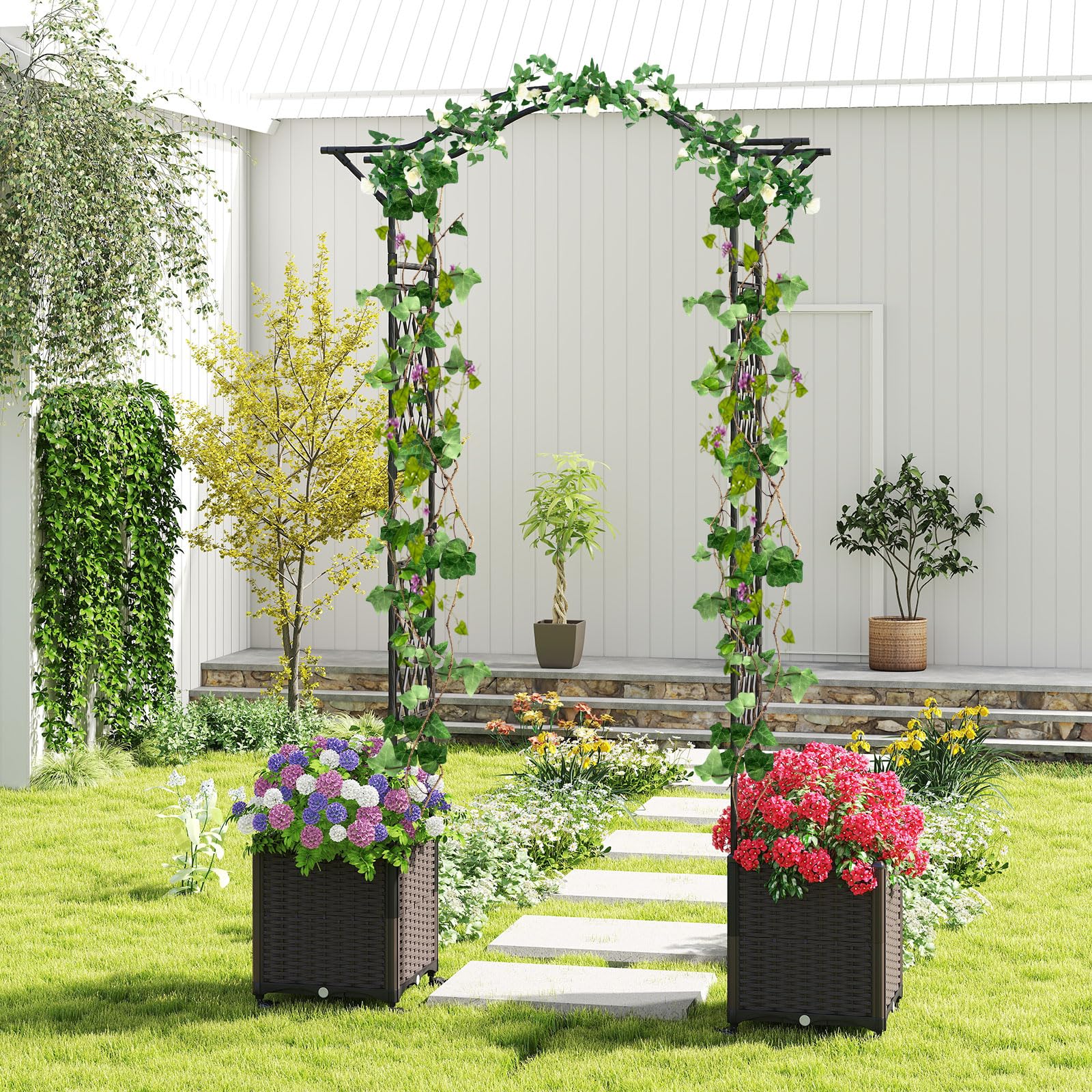 COSTWAY 2 in 1 Rosenbogen mit Blumenkasten, 250 cm, Gartenbogen aus Metall und PP, Spalier mit 2 Pflanzkästen auf Rollen & Drainagelöchern, Rankbogen Torbogen für Kletterpflanzen, Outdoor (Schwarz)