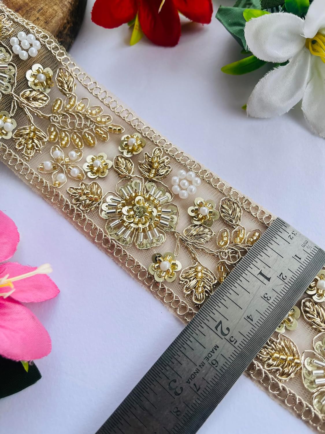 Elegant Gold Floral Embroidered Trim, Pearl Beaded Lace Ribbon with Chain Border, Champagne, Wedding Dress Sewing Applique, Available in 1, 3 and 6 Yard (3)