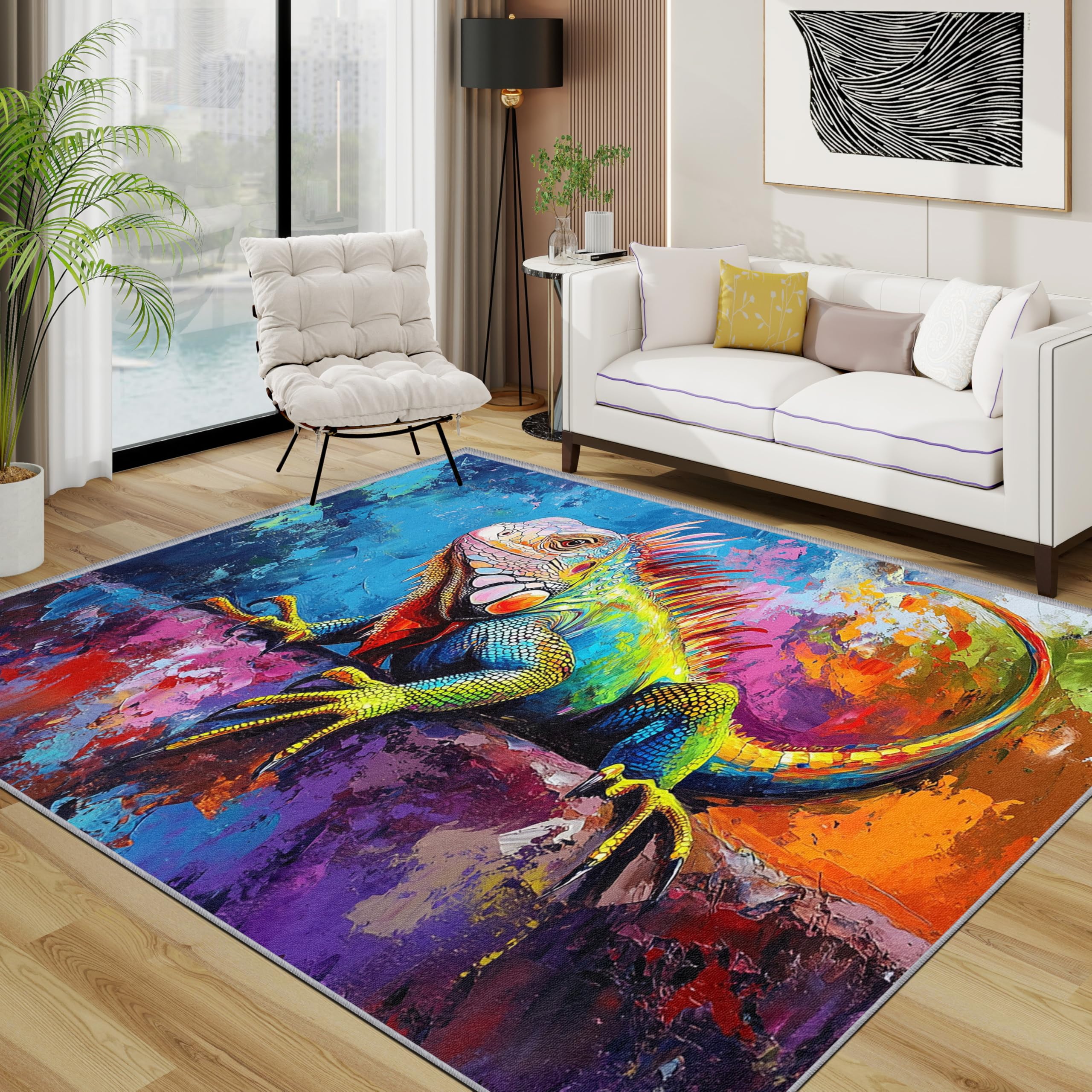 TerroVee Iguana Rugs Living Room Large 200x300 - Oil Painting Colourful Wildlife Bedroom Rug, Vibrant Lizard Reptile Washable Non Slip Low Pile Carpet, Iguana Home Decor