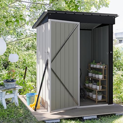 Miniatura 2 de Flamaker Cobertizo de almacenamiento impermeable de metal con puerta con cerradura, cobertizo de herramientas para almacenamiento al aire libre para