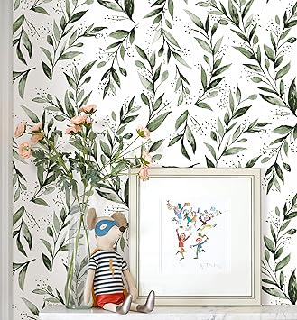 Erfoni Green Leaf Peel and Stick Wallpaper Green Contact Paper 17.7"x 118.1" Boho Leaves Self Adhesive Wallpaper Modern DIY Removable Wall Paper for Bedroom Cabinets Decor Vinyl Roll