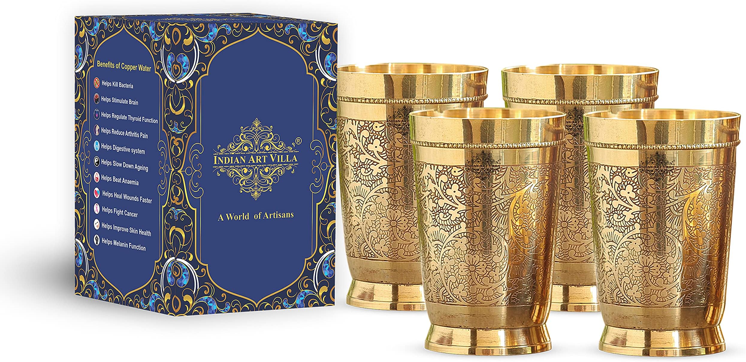 Brass Glass Tumbler, Embossed Design, 11 Oz Each, Set of 4