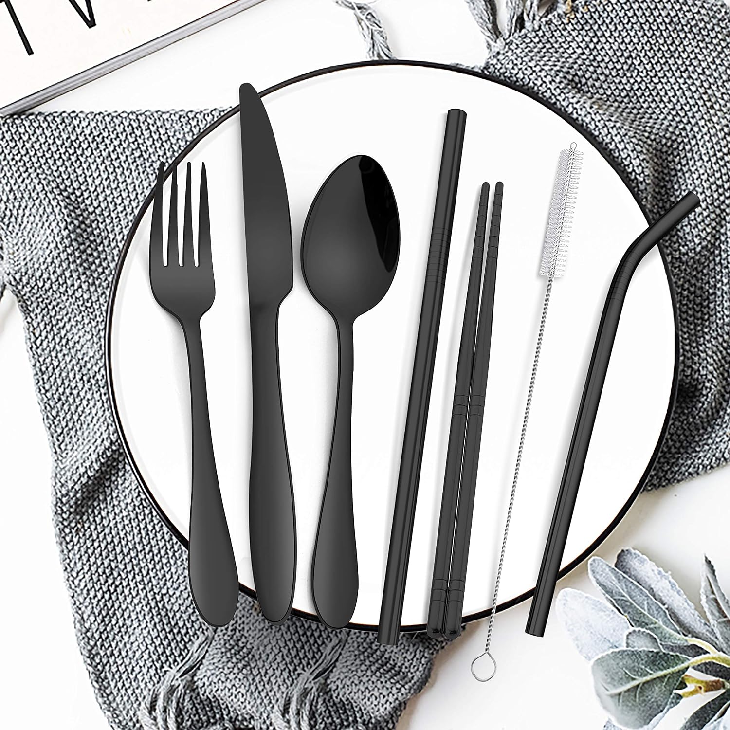 Travel Utensils with Case, HaWare Stainless Steel Portable Flatware Set, Reusable Camping Silverware Set, 8-Piece Cutlery Tableware Set Includes Knife, Spoon, Fork, Chopsticks, Straws, Cleaning Brush