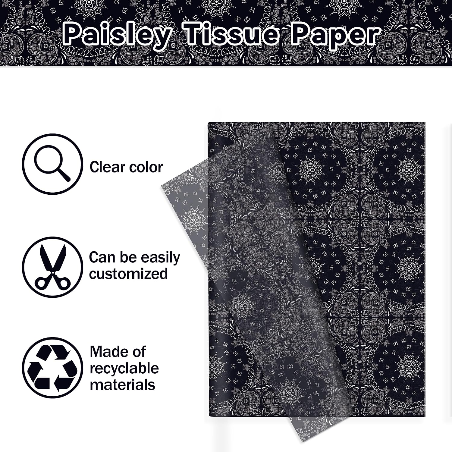 DodelyGz Premium Paisley Pattern Tissue Paper, Decorative Gift Wrapping Paper for Birthday Presents,Black Design, 60 Sheets, 13.8x19.7 Inch