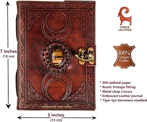 Miniatura 3 de URBAN LEATHER Diario de piedra de tigre de luna celta con papel vintage con borde de cubierta, diario grimorio, libro de sombras, brujería, libro de