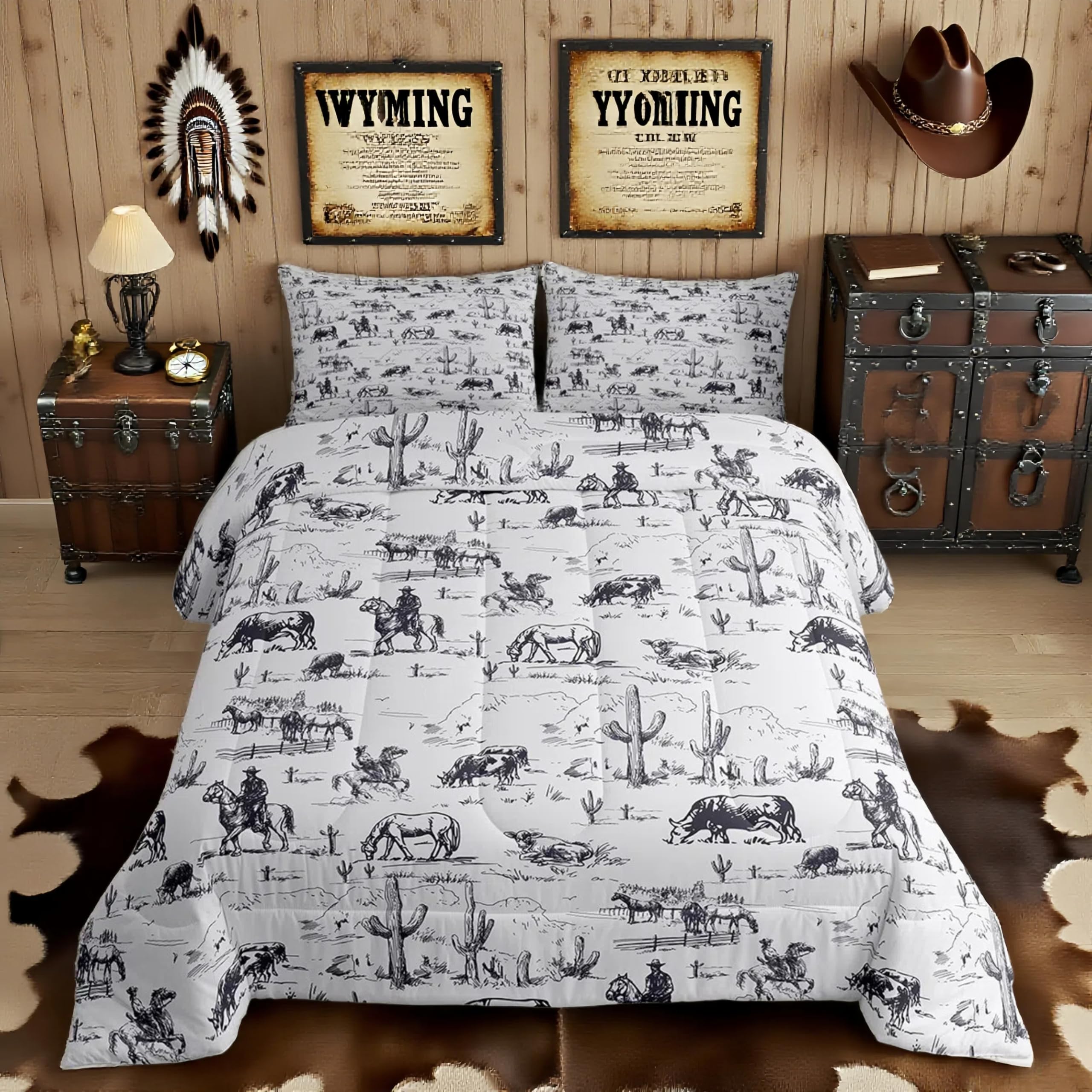 Feelyou Western Comforter Set Twin Size, White and Black Cowboy Cow Bedding Set Cowboy Comforter Desert Cactus Duvet Set Soft Bed Set 2Pcs