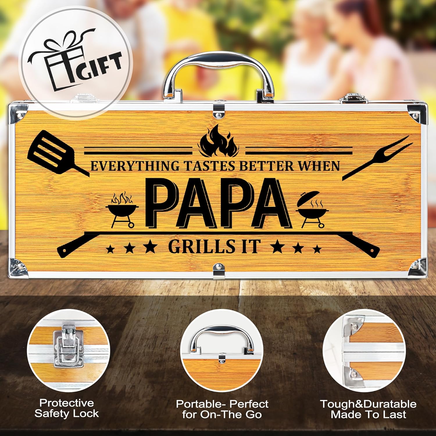 Papa Gifts from Grandkids, Fathers Day Papa Grilling Gift Heavy Duty Wooden BBQ Grilling Accessories Kit for Backyard, Thick Stainless Steel Grill Utensils with Non-Slip Handle Tools in Portable Bag