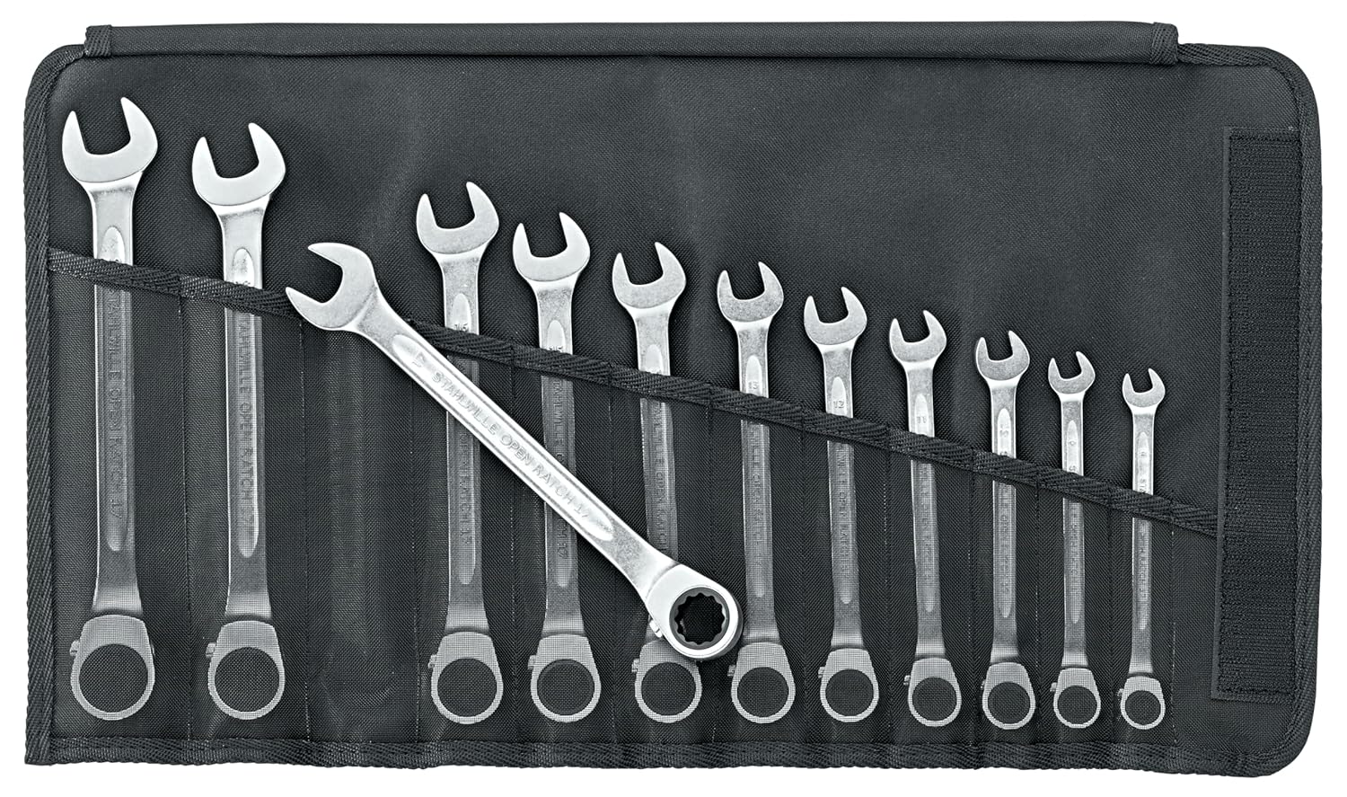 Stahlwille 96411712 Reversible Combination Ratcheting Spanners Open-Ratch Set, 12 Pieces, Size 8mm upto 19mm Spanner Openings, 72 Teeth, Bi-Hexagon, Made in Germany