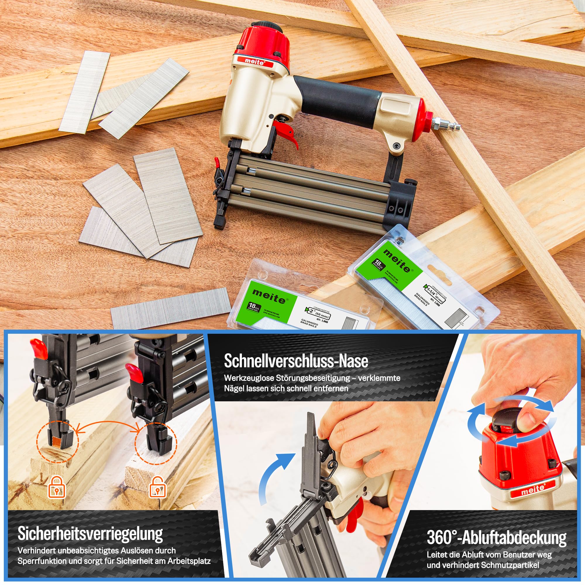 meite F50C Druckluftnagler mit Sicherheitsnase, Druckluft Nagelpistole für Stauchkopfnägel 18GA 15-50mm, Tiefeneinstellung max. 7 bar Stauchkopfnagler, Ideal für Zierleisten, Holzarbeiten