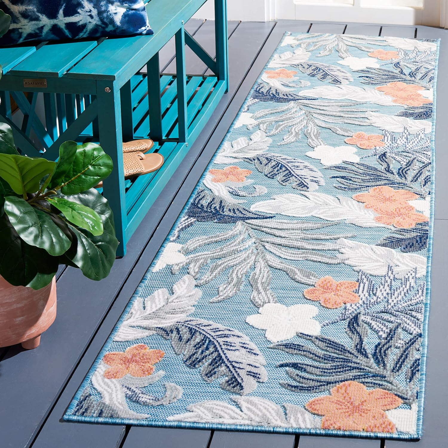 SAFAVIEH Cabana Collection Accent Rug - 4' x 6', Blue & Grey, Floral Tropical Design, Non-Shedding & Easy Care, Indoor/Outdoor & Washable-Ideal for Patio, Backyard, Mudroom (CBN456M)