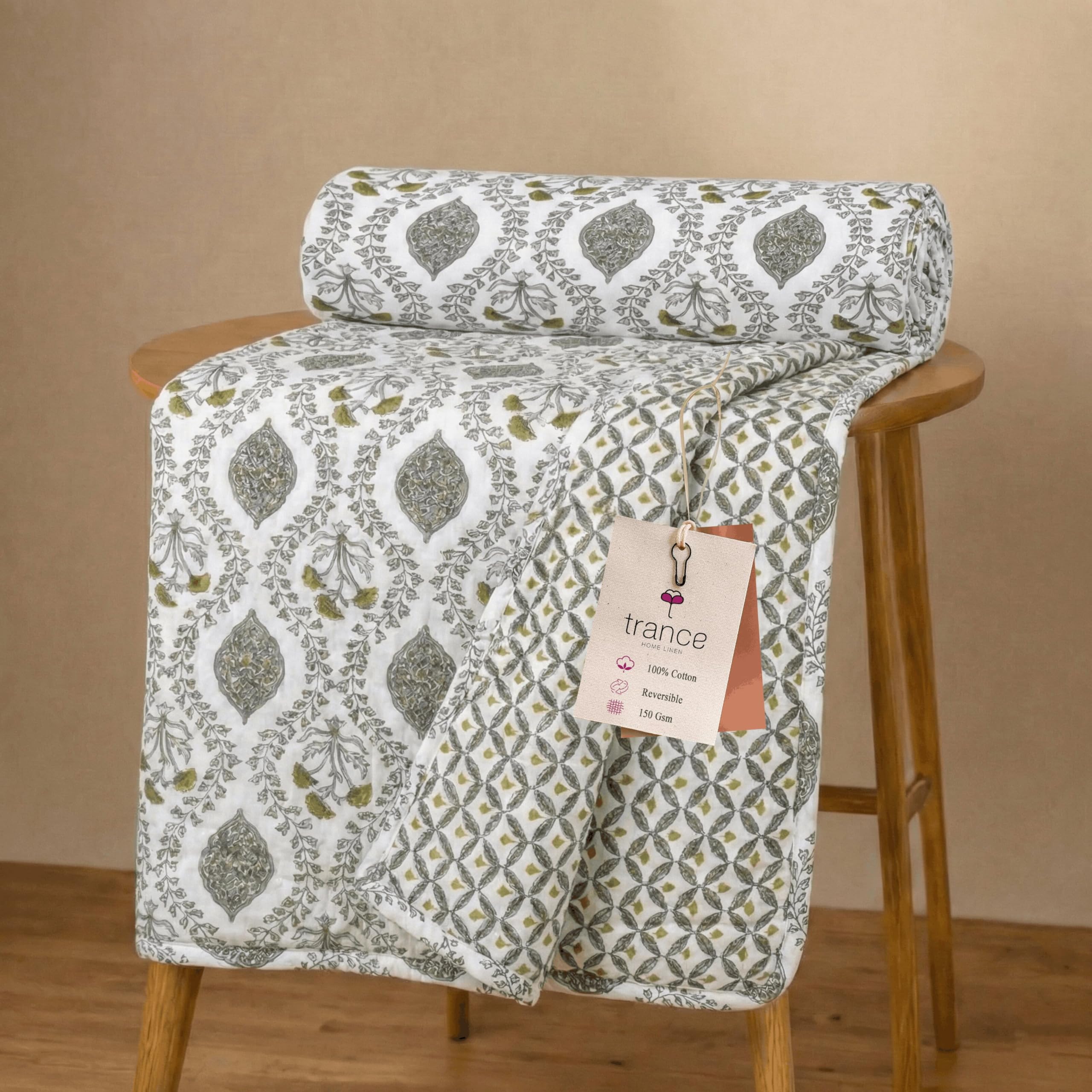Trance Home Linen 100% Cotton Reversible Dohar Double Bed Size | Jaipuri Printed Artisan Block Design Blanket | Soft Lightweight Ac Comforter Quilt (84"X88", Jaal Green)-image-17