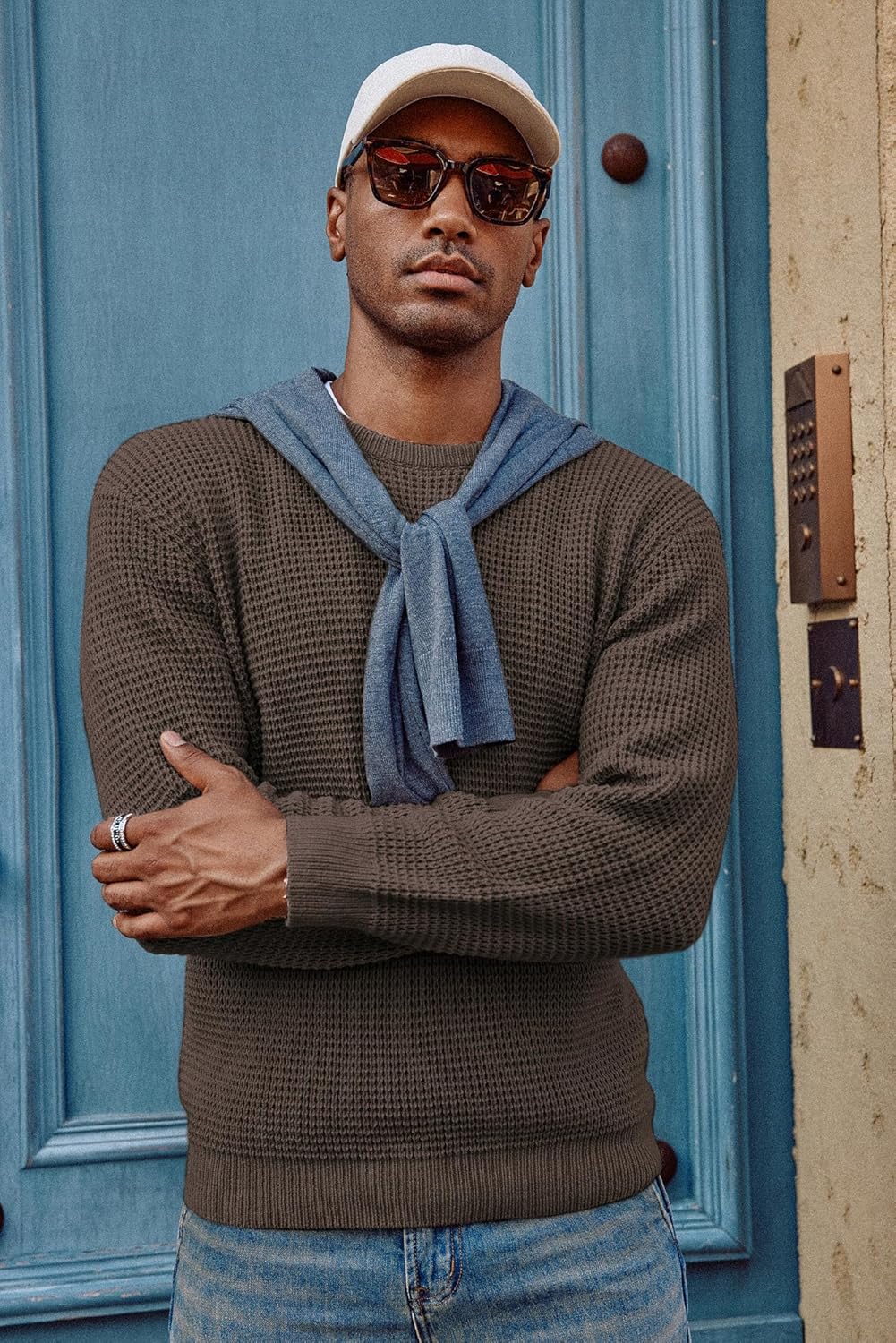 PJ PAUL JONES Mens Pullover Sweater Waffle Textured Long Sleeve Knitted Sweaters - Image 3