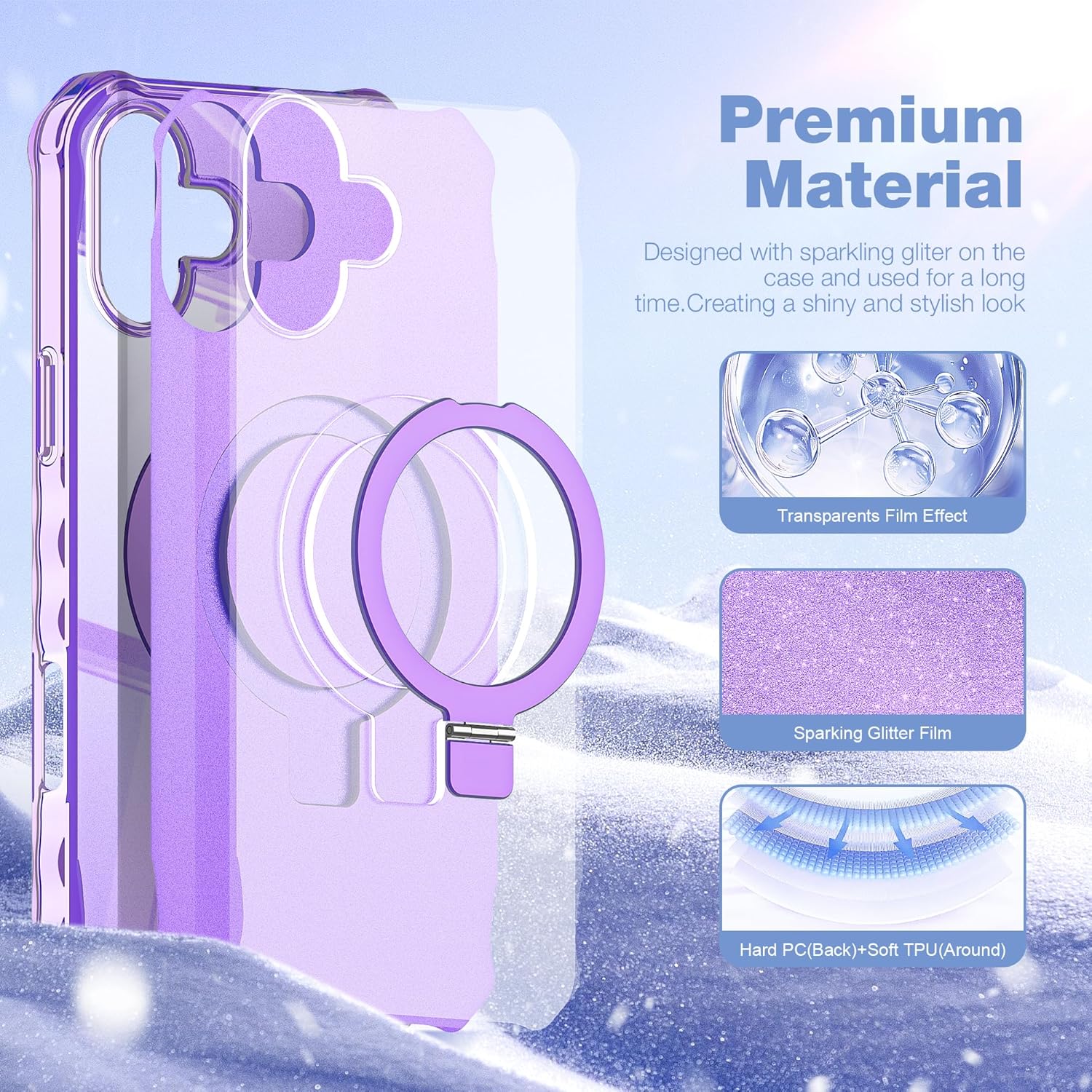 for iPhone 16 Case with Magnetic Invisible Stand [Compatible with Mag-Safe] [Military Drop Tested] Shockproof Slim 16 Cover with Good Grip Curly Wave Edge for Women 6.1'', Purple