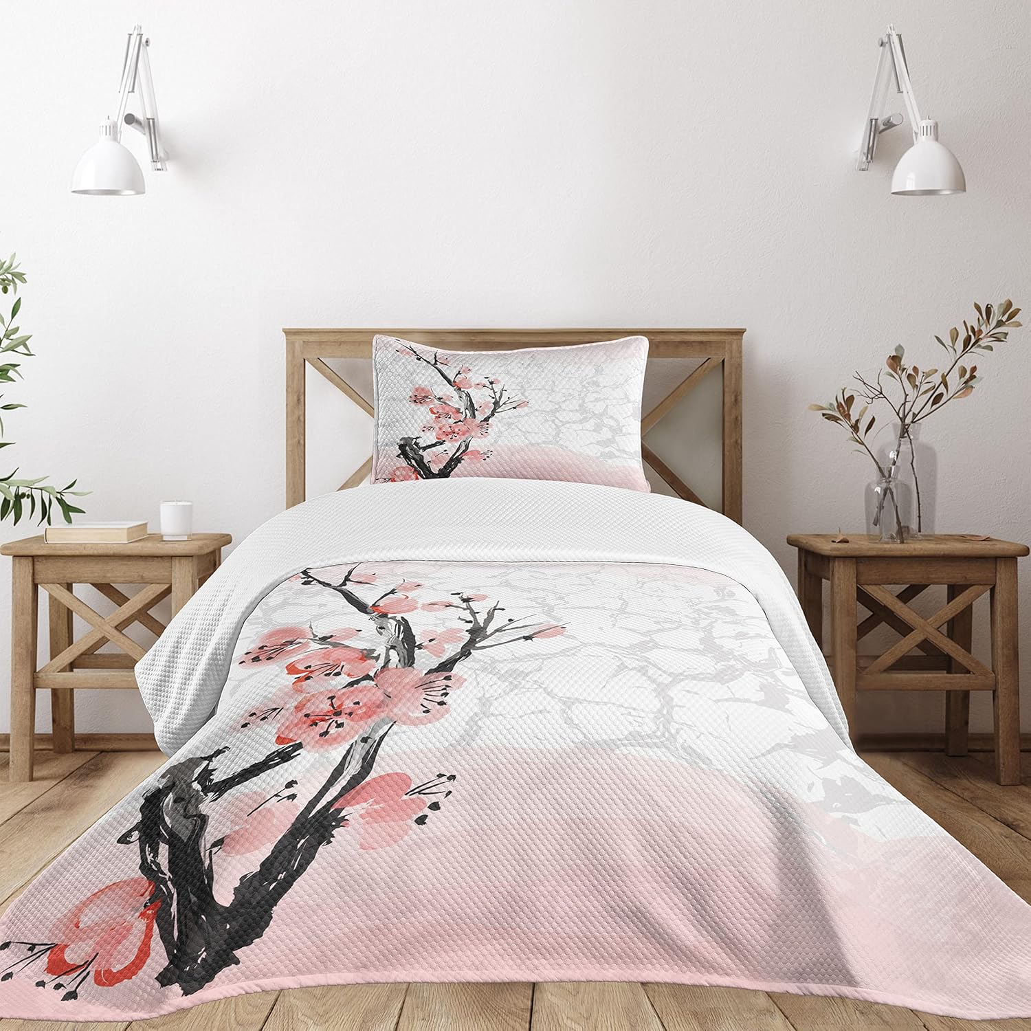 Lunarable Floral Bedspread, Japanese Cherry Blossom Sakura Tree Branch