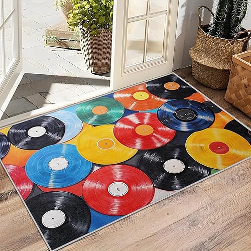 Miniatura 4 de Alfombras lavables de 8 x 10 pies, diseño retro de música colorida y decoración del hogar, alfombra antideslizante y fácil de limpiar para sala de