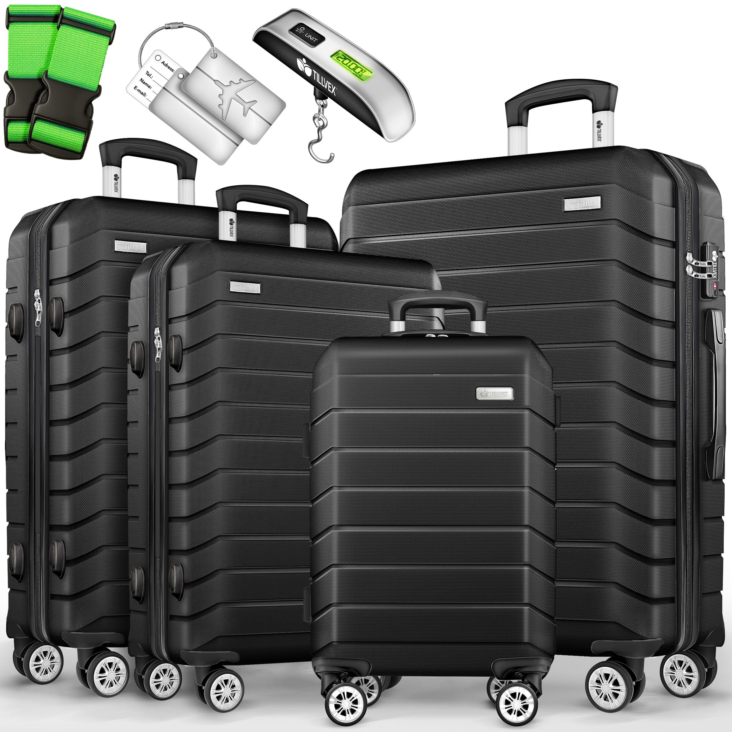 tillvex® Reisekoffer Set 4-teilig + Gepäckwaage, 8X Koffergurte & 4X Kofferanhänger | Kofferset 4 Rollen | Trolley Gepäck Koffer TSA Schloss | Hartschalenkofferset S-M-L-XL