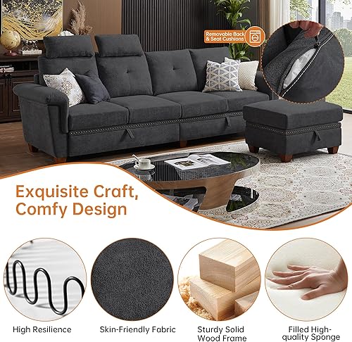 Miniatura 4 de Pingliang Home Sofá modular convertible con almacenamiento, sofá en forma de L de 4 asientos con diván y portavasos, sofás modernos de tela de