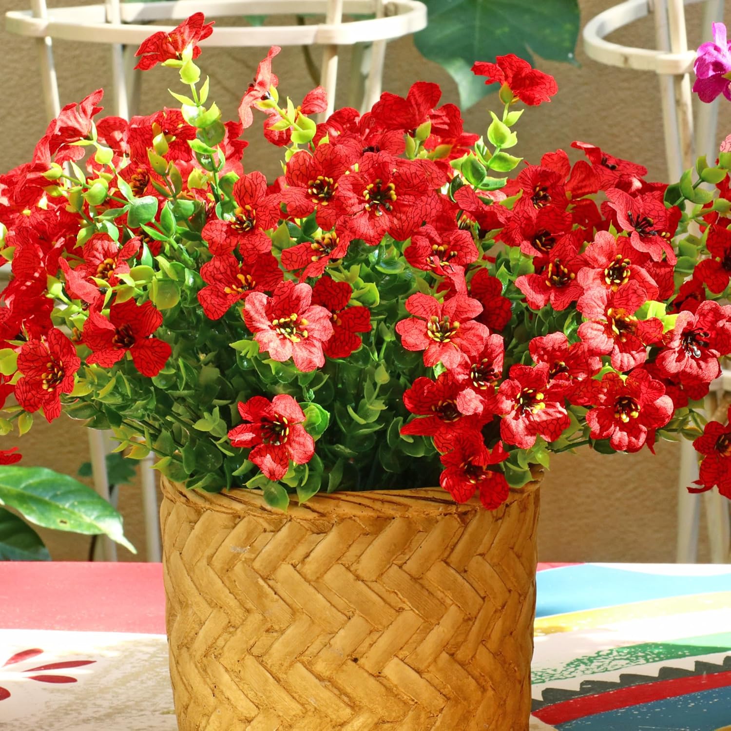 Kingsboomy Artificial Flowers for Outdoors, Faux Plants Flowers, 12 Bundles Silk Colorful Fake Flowers Eucalyptus Realistic UV Resistant for Outside Home Planter Porch Patio Yard Decor (12, Red) - Image 3